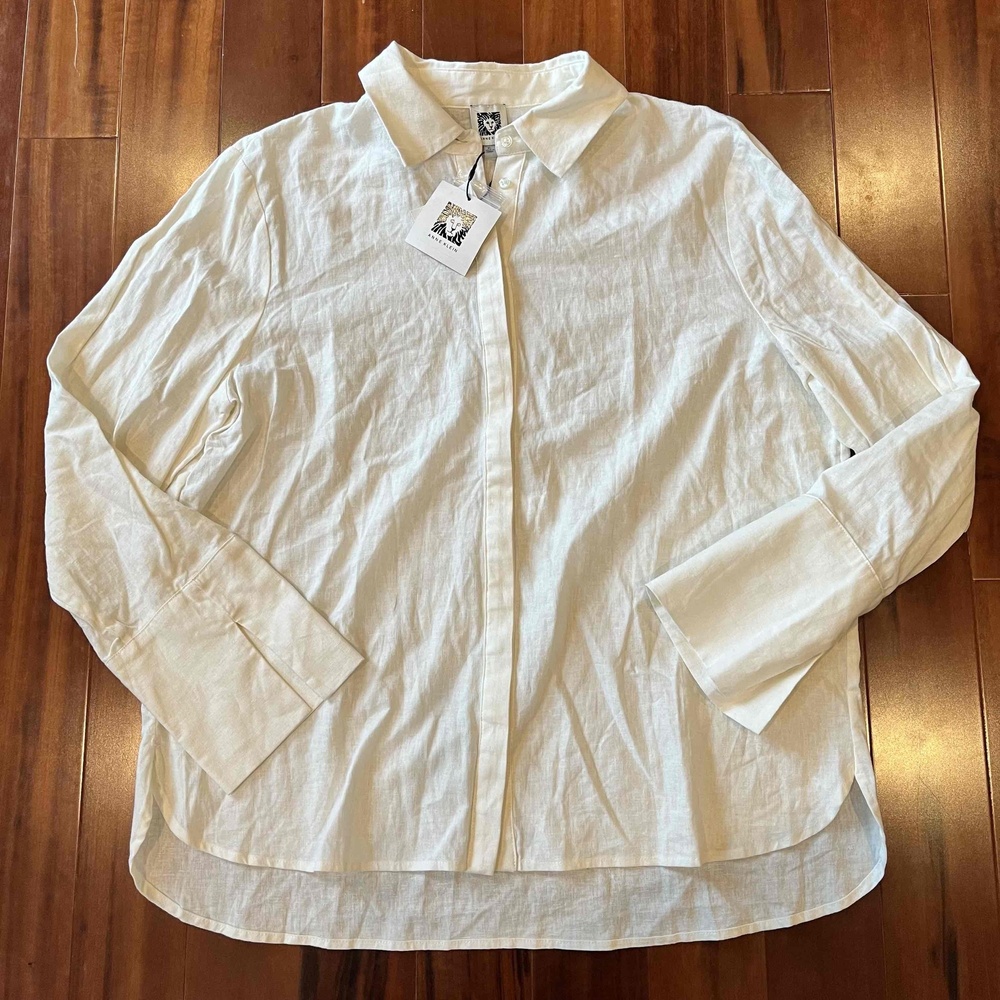 New NWT Anne Klein Off White Shirt Linen Long Sleeve Button-Down Collar Size XL